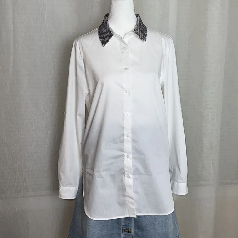 CK S Crisp White Porcelain Gray Sequined Collar Button Down High Low Shirt